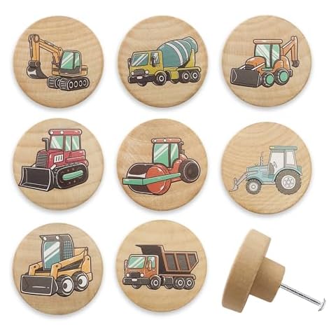 Lasyman Set of 8 Wood Kids Boy Nursery Room Construction Vehicle Trucks Cabinet Furniture Dresser Drawer Knobs and Pulls 1.8 X 1.8 Inches Cover