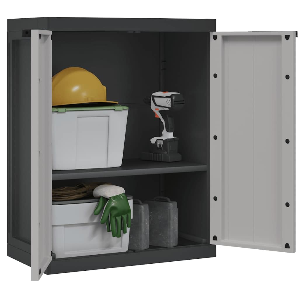 Gartenschrank Grau und Schwarz 65x37x85 cm, Robuster Geräteschrank aus PP-Kunststoff mit verstellbarem Einlegeboden, Abschließbarer Balkonschrank für Garten und Terrasse