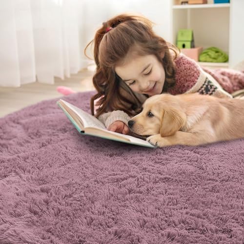 OLANLY Blush Round Rugs for Bedroom - Machine Washable, 6 ft Circle Area Rugs for Living Room, Soft and Fluffy Shaggy Carpet for Teen Girls and Boys, Nursery Rooms, Dorms, Home Decor Aesthetic