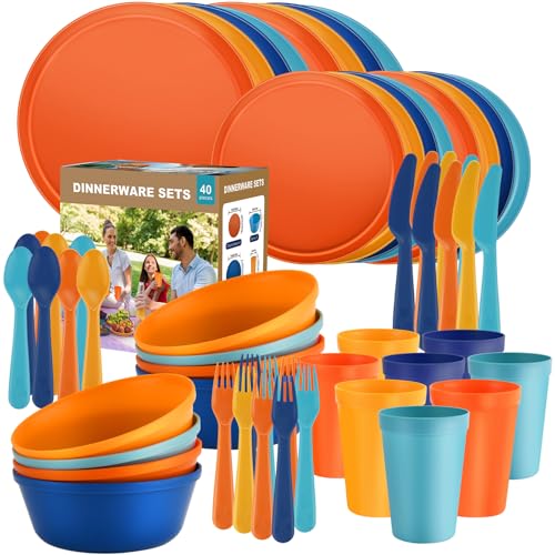 Plastic Dinnerware Sets – 40-Piece Colorful Plates and Bowls Set for 8, Reusable Unbreakable Fiesta Style Party Dishes with Cups, Knives, Forks and Spoons, for Outdoor, Picnic or Everyday Use Plastic Dinnerware Sets – 40-Piece Colorful Plates and Bowls Set for 8, Reusable Unbreakable Fiesta Style Party Dishes with Cups, Knives, Forks and Spoons, for Outdoor, Picnic or Everyday Use