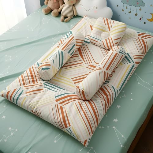 Image of StarAndDaisy Newborn Baby Bedding Nest Cushioned Mattress Sheet with 2 Side Bolster Pillows & 1 Head Pillow Breathable & Soft Boys & Girl Design.