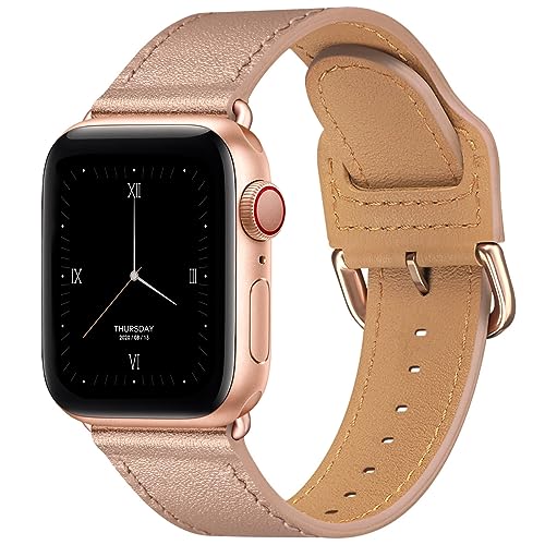 POWER PRIMACY Leather Bands Compatible with Apple Watch Band 38mm 40mm 41mm 42mm-Series 11/10,Genuine Leather Strap Compatible for Women Men iWatch SE Series 11 10 9 8 7 6 5 4 3 2 1(Rose Gold/Rosegold)