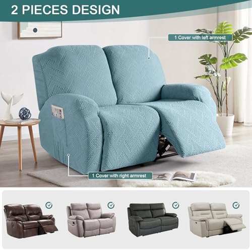 Image of Ruaozz Recliner Sofa Covers Recliner Chair Covers Loveseat Recliner Slipcovers with Pockets Washable Furniture Protector with Elastic Bottom (2 Seater, Light Blue)
