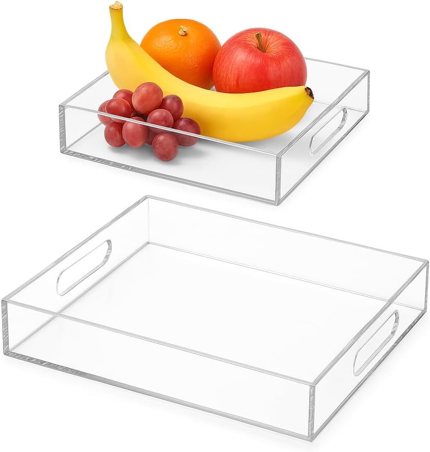 2-Pack Acrylic Trays, Clear Serving Trays with Handles 15.4x11.4" & 7.9x7.9", Decorative Vanity Trays for Bathroom, Countertop, Food Display, Smooth Edge Drawer Organizers