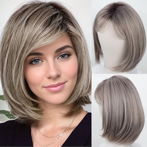 RENERSHOW Short Ombre Grey Wigs for Women Layered Chin length Gray Bob...