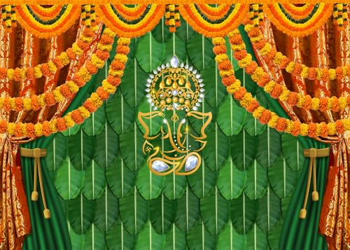 Image of 7x5 FT India Pooja Traditional Backdrop Indian Decorations for Pooja Banana Leaf Green Chatiya Ganesh Puja Ganpati Mehndi Photography Background Ganpati Wedding Party Photo Booth Props