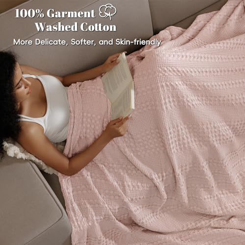 Image of PHF 100% Cotton Waffle Blanket Queen Size for Bed, Lightweight Breathable and Soft for Summer, Luxury Aesthetic Waffle Weave Blanket for Home Decor & Gifts for Women, 90 inchx90 inch, Pink /Mauve