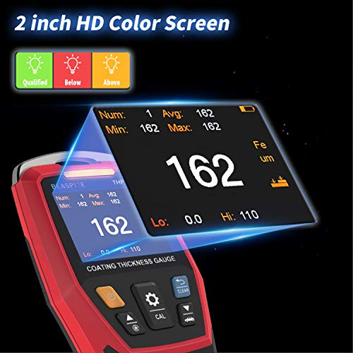Digital Coating Thickness Gauge Meter with 2” LCD Display Backlight/Rotatable Color Display/ 3 Color Warning Light for Automotive Paint Thickness Measurement, Data Store Analysis