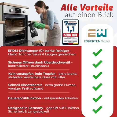 Expertenwerk Drucksprüher 1,5L säurebeständig EPDM – Auslaufsichere Pumpsprühflasche mit Edelstahl-Pumpstange, Überdruckventil & Verstellbarer Düse – Pumpflasche Auto Felgenreiniger Haushalt & Garten