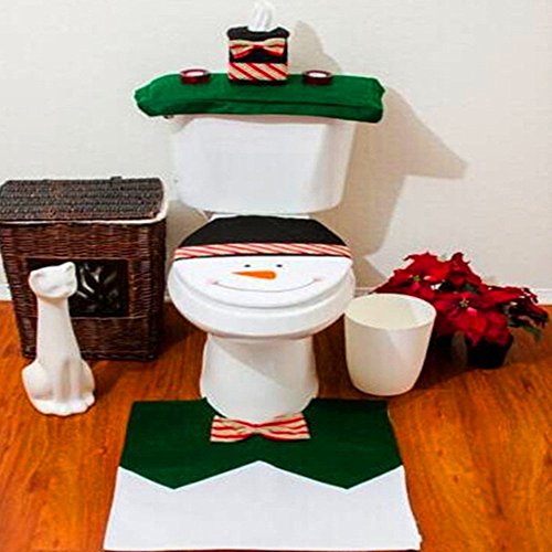 EIALA Christmas Decoration Santa Toilet Seat Cover & Rug & Tissue Box Cover Bathroom Set Gift (Green, Chrismas Snowman)