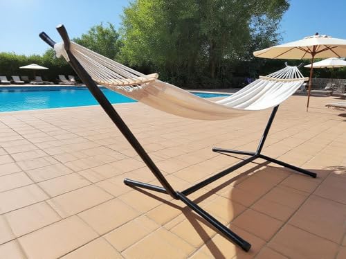 Image of GOCAN Double Hammock 2 Person Large 220x150cm with Steel Stand and Removable Spreader bar Load 500lb, Canvas Cotton Hammocks for Patio Porch Garden Backyard Outdoor and Indoor