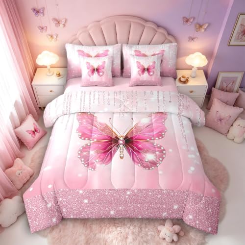 Image of Feelyou Butterfly Comforter Set Twin Size 7 Pieces Dreamy Princess Bedding Set for Kids Boys Girls Glitter Bed in a Bag with Comforter, Sheets, Pillowcases, Cushion Covers Watercolor Butterflies