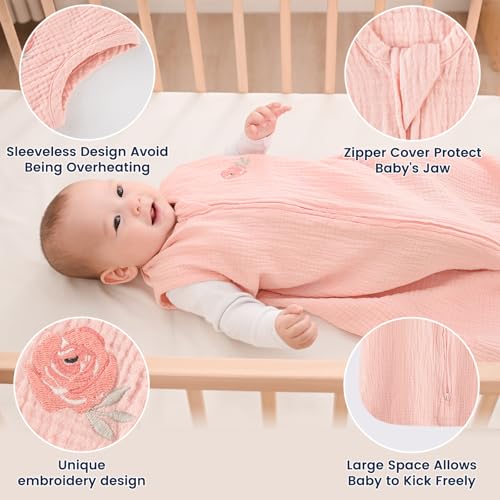 Image of PHF Soft Muslin Cotton Baby Sleep Sack 6-12 Months, 2 Pack 100% Cotton Sleeping Sack for Summer, 0.5 TOG Baby Wearable Blankets with 2-Way Zipper, Sleep Sacks for Girls Newborn, Pink Floral