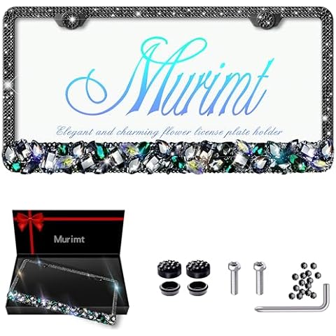 Murimt 1 Pack Bling Black Rhinestone License Plate Frames for Women Sparkly Diamond License Plate Frame Bedazzled Crystal Car License Plate Cover Stainless Steel Frame Cover
