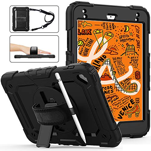iPad Mini 5 Case 2019, iPad Mini 4 Case with Screen Protector&Pencil Holder,Herize iPad Mini 4th/5th Generation Case for Kids, Durable Shockproof Case Cover with Stand/Hand Strap/Shoulder Strap,Black