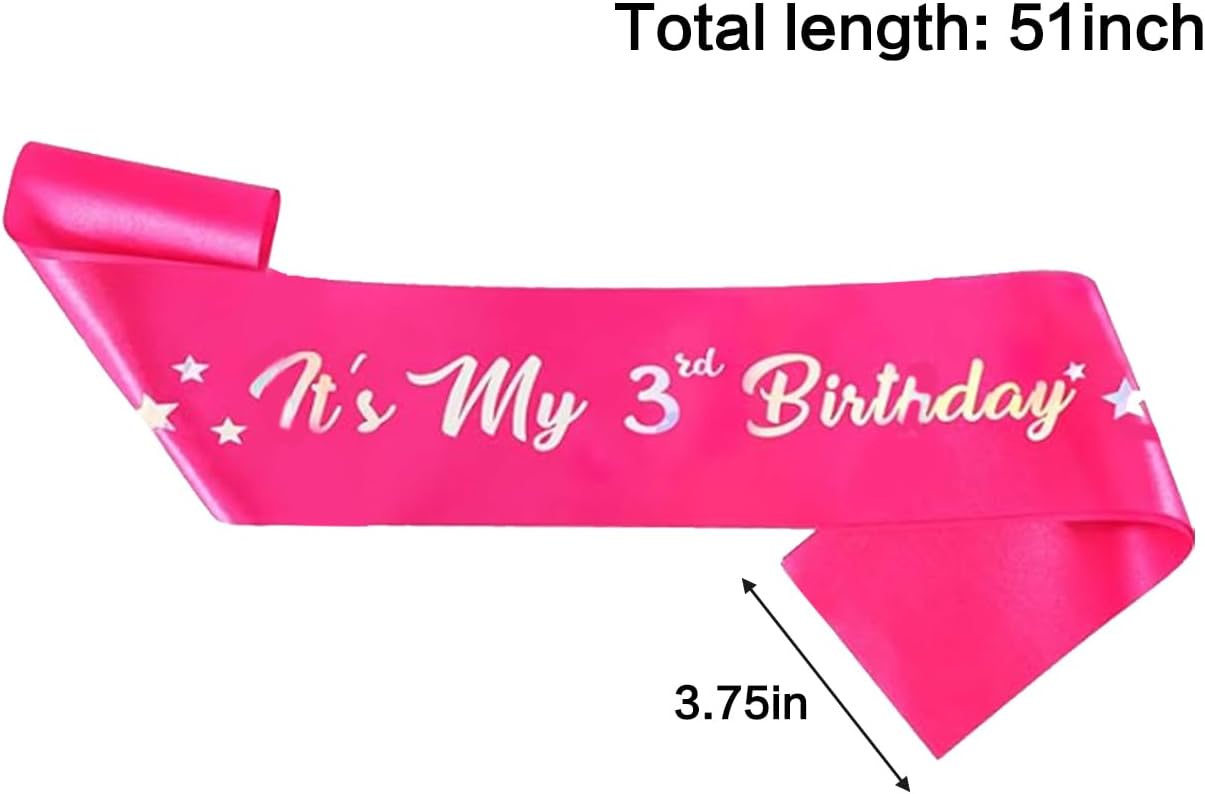 3rd Birthday Crown and Sash Set,3rd Birthday Decorations for Girls,Princess Crown Headband,Princess Tiara Glitter Pearl Hair Band,3 Year Old Party Outfit Gifts Pink