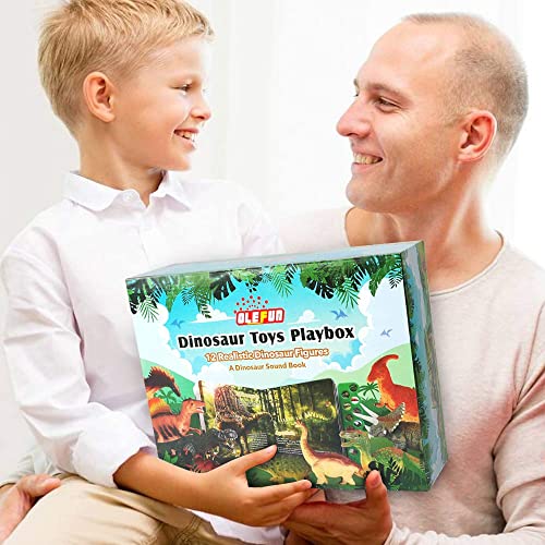 OleFun Dinosaur Toys for 3 Years Old & Up - Dinosaur Sound Book & 12 Realistic Looking Dinosaurs Figures Including T-Rex, Triceratops, Utahraptor, for Kids, Boys and Girls