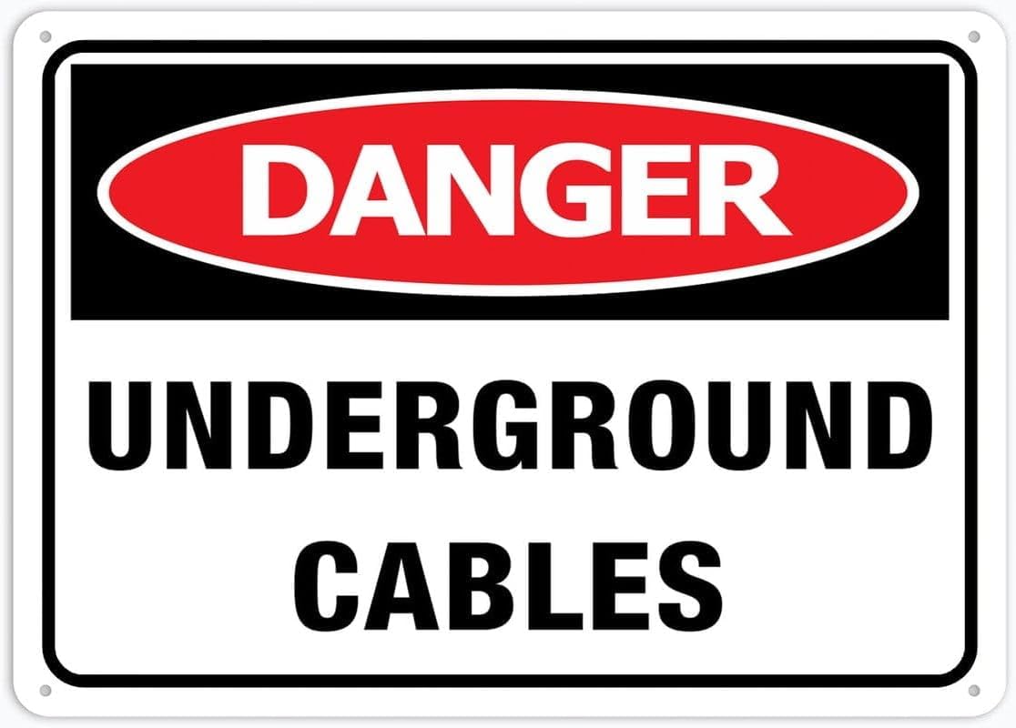 Danger Underground Cables Rust Free Aluminum Tin Sign - Warning Decor with Pre-Drilled Holes for Indoor-Outdoor Construction Site, Road Repair, Utility Zone - 8x12 Inch​