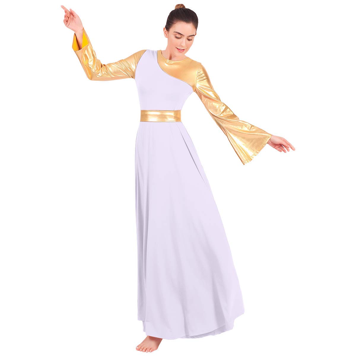 FYMNSI Liturgiques Robe de Danse Femme Cloche à Manches Longues Robe de Soirée Chambre Cocktail Métallique Contraste Plissé Robe de Ballet Classique Robe de Latine Valse Spectacle XS-3XL