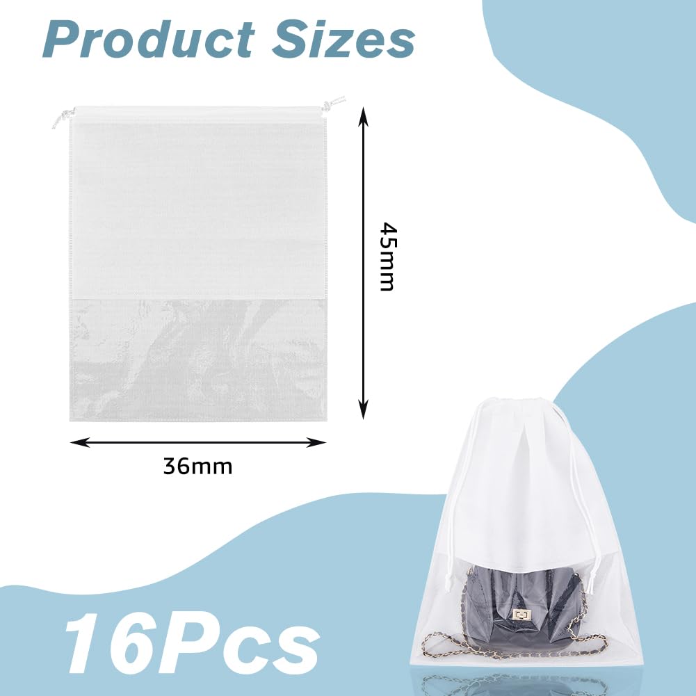 SUPERFINDINGS 16 Stück Schuhbeutel Für Reisen Staubbeutel Mit Kordelzug Weiße Vliesstoff Staubbeutel Mit Sichtbarem Fenster Aufbewahrungsbeutel Für Schuhe 45x36cm