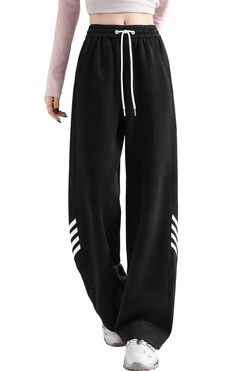 Women Track Pant | Women’s Wide Leg High Waist Sweatpants with Drawstring | Soft Stretch Fabric | Casual & Athleisure Wear, Black-image-47