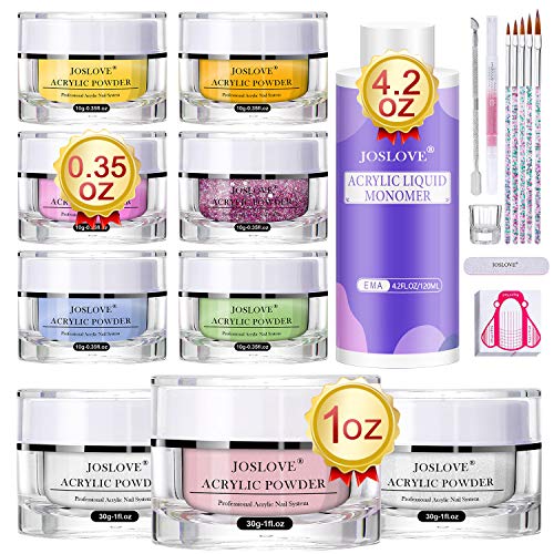 Acrylic Nail Kit Acrylic Powder and Liquid Set, 9 Colors Acrylic Powder with Acrylic Liquid Monomer(4.2 fl.oz) 5 Acrylic Nail Brush, Acrylic Powder(1 oz) for Nails Extension Nail Art Starter Kit