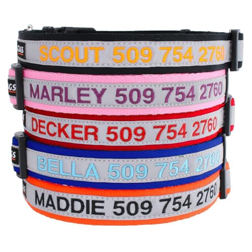 GoTags Reflective Dog Collar Personalized, Custom Embroidered Pet Name and Number, Premium Nylon Colorful for Girl and Boy Dogs, Small Medium and Large Adjustable Sizing