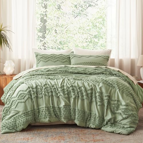 Image of Luxudecor Sage Green Tufted Comforter Set Queen Size 3 Pieces Boho Shabby Chic Comforter Farmhouse Embroidery Bedding Set Soft Comforter for All Seasons (Sage Green, 90''x90'')