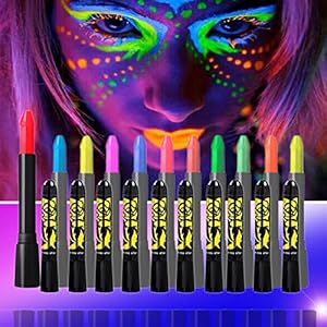 12 Colors Glow In The Dark Under Black Light Face & Body Paint, Black Light Glow Body Paint Makeup Fluorescent Neon Face Painting Crayons Kit for Halloween Costume Holiday Masquerades Club Makeup