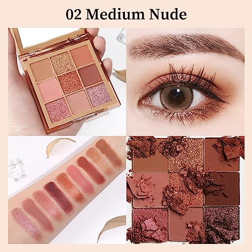 Eyeshadow Palette, Nude Eyeshadow Palette Matte Shimmer Make-Up Palettes, 9 Colours Smooth Touch Blendable Eye Shadow Pallets For Women High Pigmented Eye Shadow Palette With Mirror (02 Medium Nude) - Image 4