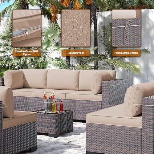 Image of 14 Pieces Outdoor Patio Furniture Set,Outdoor Sectional Furniture All Weather PE Rattan Wicker Patio Conversation Set with 2 Coffee Tables and 12 Thickened Cushions,Sand