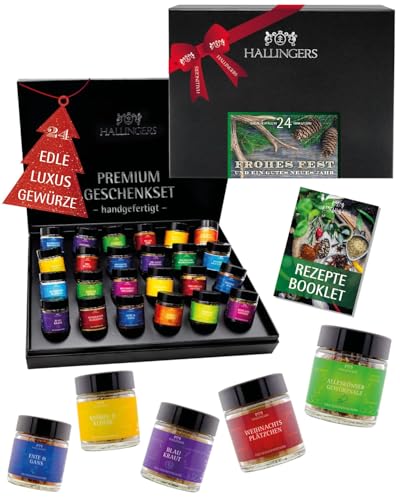 Hallingers Genuss Manufaktur Wild Gewürze Geschenkset Weihnachten – 24 aromatische Wild- & Jagdgewürze aus aller Welt im Glas, edle Box, Gewürze Set Frohes Fest Jäger, Geschenkidee für Jäger