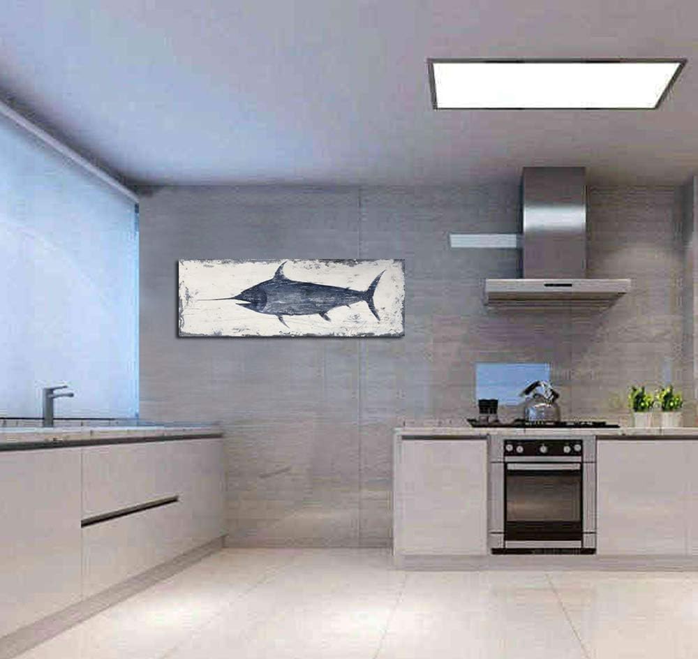 Yihui Arts Nautical Canvas Wall Art Animal Pictures Hand Painted Swordfish Paintings Ancient Ocean Seascape Coatal Artwork for Living Room Decoration 12x36IN Sword Fish