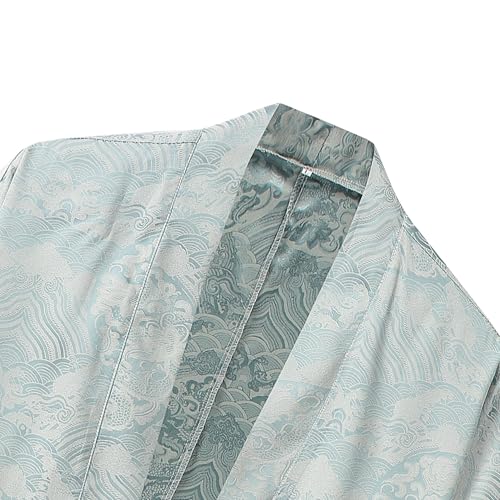 Image of Mens Japanese Kimono Cardigan Cotton Linen Haori Fashion 3 /4 Sleeve Yukata | Shawl Collar Kimono Jacket Robe Embroidery Patchwork Happi Coat Tie Pockets Lightweight Outerwear Daily Casual All Seasons