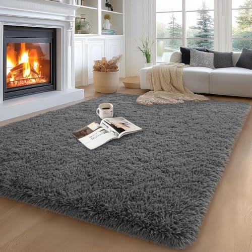 qulint 5x7 Area Rugs for Living Room, Dark Grey Soft Fluffy Bedroom Carpet