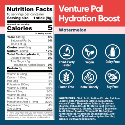 Image of Venture Pal Sugar Free Electrolyte Powder Packets, Keto Friendly, 16 Sticks | Liquid Daily IV Hydration Packets for Rapid Rehydration. 7 Electrolytes & 5 Vitamins | Vegan | Fast Dissolve