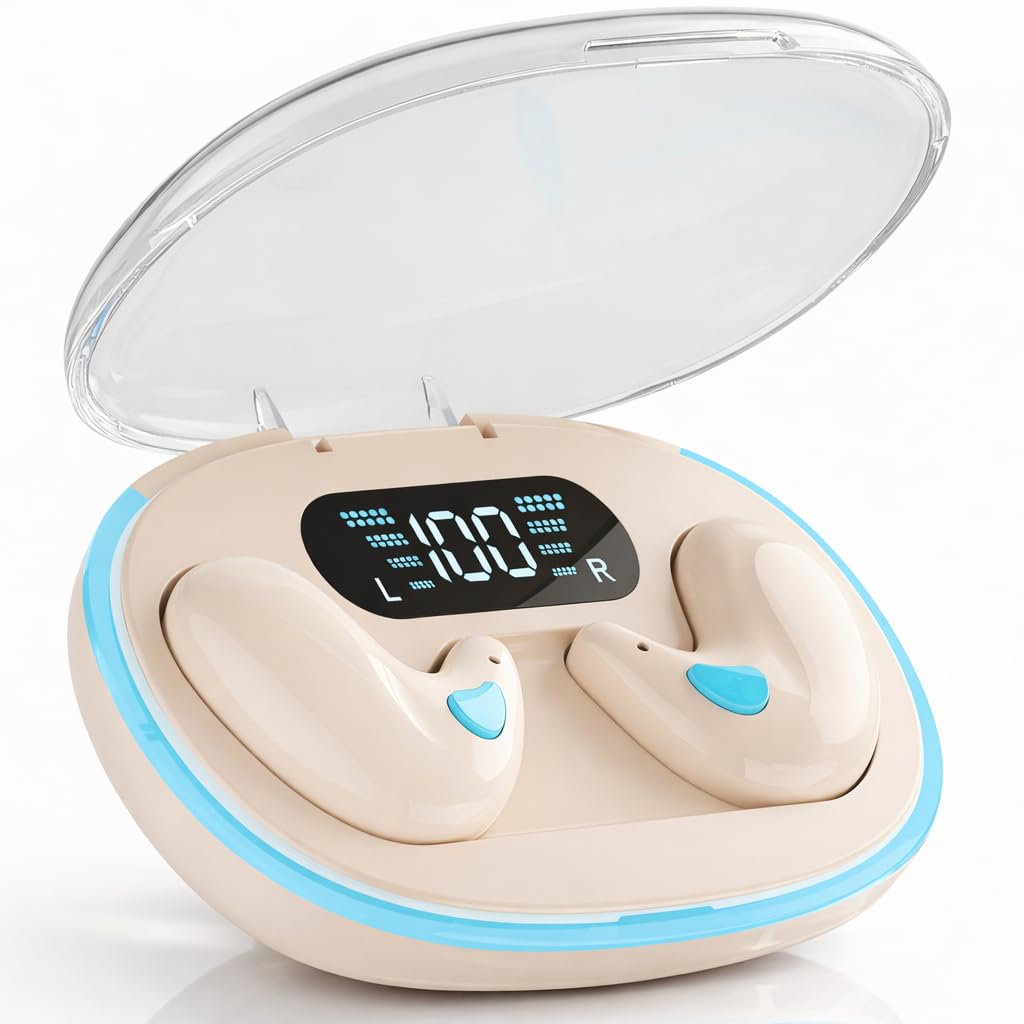 VEHOP S55 OWS Bluetooth Open Ear Wireless Sleeping Earbuds, BT5.4 Headphones, Button Control & Type-C Fast Charging, ENC Call Noise Reduction, Ideal for Sleeping, Meditation and Entertainment. Beige-image-46