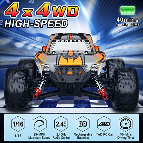 Remote Control Car Fast RC Cars for Kids Adults,1:16 Large Remote Control Truck with Lights, 28mph 4WD Off-Road,Upgraded 2.4GHz All Terrain Toy Monster Crawler with 2 Rechargeable Battery,40+ Min Play