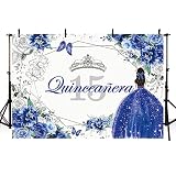 AIBIIN Fondo de fotografía de quinceañera azul de 7 x 5 pies para fiesta de cumpleaños de niña dulce, fiesta de cumpleaños 15, mariposa, floral, corona plateada, pancarta de retrato, telón de fondo de