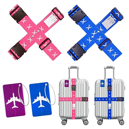 Flintronic Koffergurt Kofferband, 4 Stück Einstellbare Kofferband + 2 Stück Kofferanhänger, mit Namensschild & Adressschild, für Gepäckband zum Reisen & Fliegen