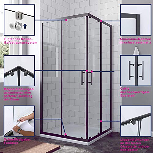 AQUABATOS® 100x100x195 cm Duschkabine Eckdusche Schiebetür Duschabtrennung Duschwand Glas Duschtür schwarzer Rahmen 6 mm ESG Sicherheitsglas mit Nanobeschichtung