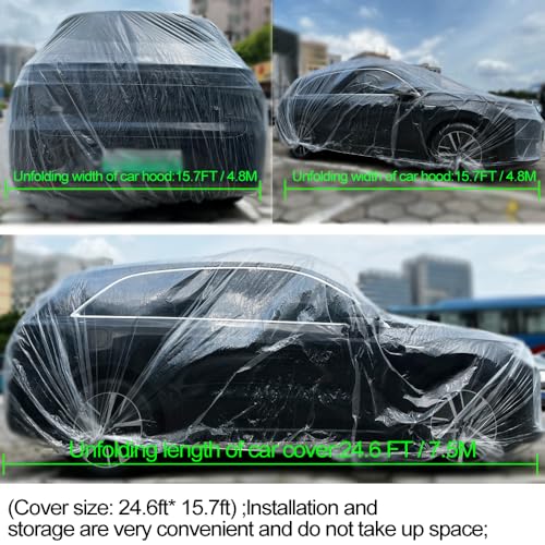 4 Packs Disposable Car Cover Clear Plastic Car Cover Universal Rain Dust Garage Cover with Elastic Band More Larger(15.7FT x 24.6FT) by Bamiketty - Used condition - Image 4