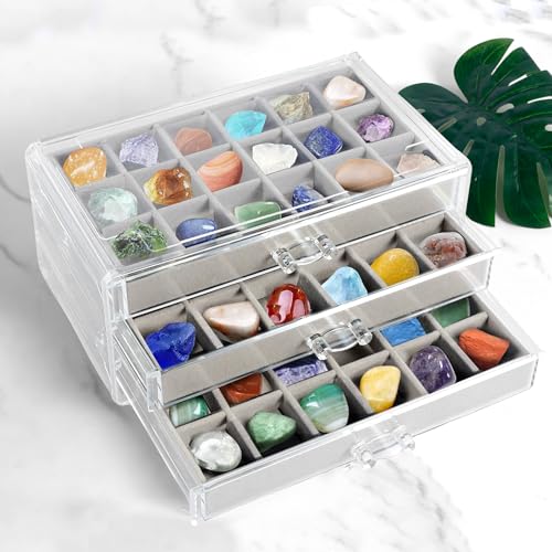 Rock Display Case 3 Drawers Rock Collection Box 54 Grids Large Jewellery Box Organiser 23.5×15.5×10.5cm Clear Crystals Display Case Gemstone Display Case Rock Storage Case for Kids Rocks (Grey)
