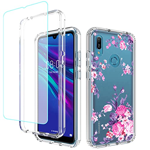 Image of Yerebel Case for Huawei Y6 2019/Y6 Pro 2019/Y6s/Honor Play 8A/Honor 8A with Tempered Glass Screen Protector, Floral Design Shockproof Full Body Protective Cell Phone Cover for Huawei Y6 2019 (Rose)