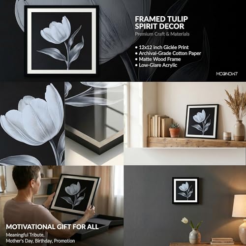 Moonow7 Tulip Framed Wall Art – Vintage Botanical Flower Print, Black and White Minimalist Art for Bedroom, Living Room, Kitchen, Gallery Wall Decor, Small Square Modern Home Poster, Size 12x12 inches — view 3