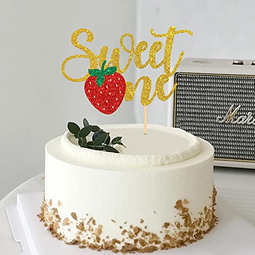Halodete Strawberry Sweet One Cake Topper, Happy 1St Birthday Party Decor, Fruit Themed Cake Picks, Wild One Baby Shower Photo Props - Gold Glitter #TOP4