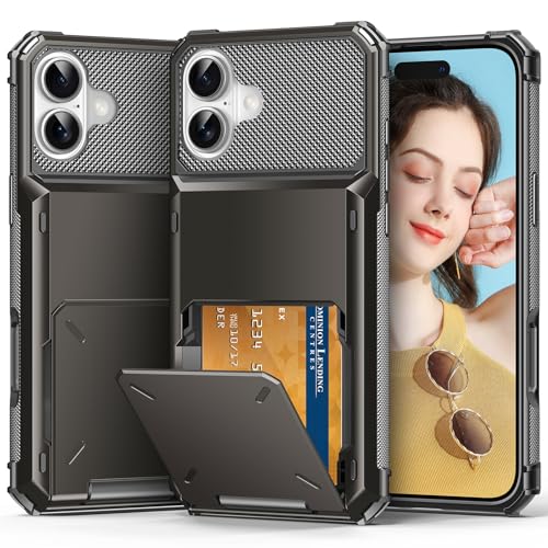 TOPAUX for iPhone 16 Plus Wallet Case 5 Credit Card Holder Flip Cover Secure Back Pocket ID Slot Compartment Dual Layer Shockproof Bumper Anti-Scratch Protective Hard Shell for iPhone 16 Plus Gunmetal