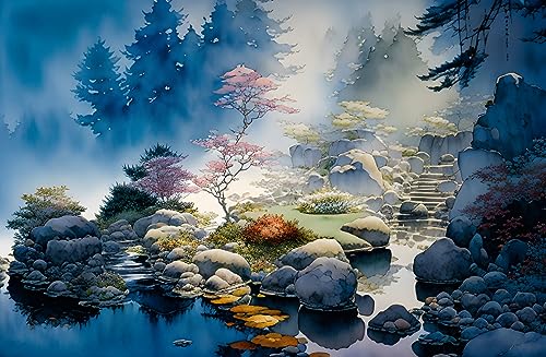 Style japonais rock garden peinture aquarelle SERENDIPITP toile de 58 x 90 cm