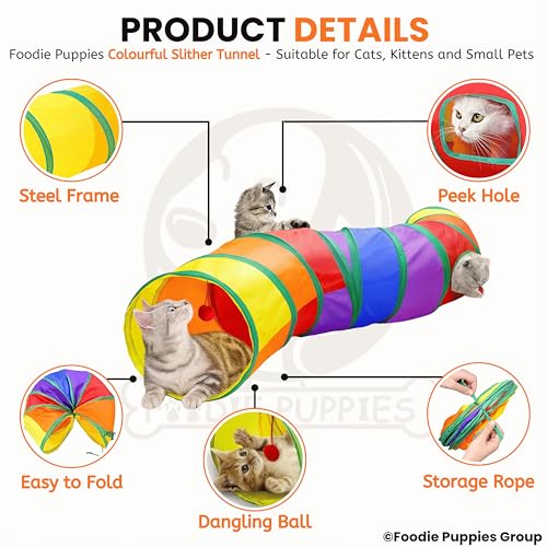 Image of Foodie Puppies Colorful Cat Tunnel Toy for Indoor Cats (Slither Tunnel) | Foldable Interactive Play Tunnel with Peek Hole & Hanging Ball | Collapsible Pet Tube for Cats, Kittens, Rabbits & Guinea Pigs