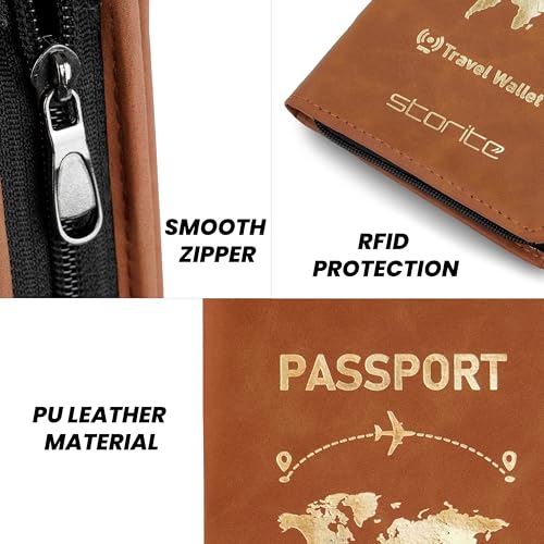 Image of Storite RFID Blocking PU Leather Passport Holder, 23x14x3 Cm Drak Brown | Cover Case, Travel Wallet, Document Organiser, Removable Hand Strap, For Men & Women